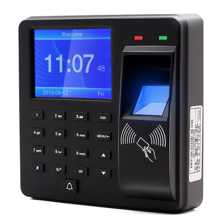 Time and Attendance Recorder Fingerprint/Password/Card/125 kHz RFID verification 2.4 inch screen up to 1,000 employees in memory USB recording distance up to 5 cm USB WALALLA Black