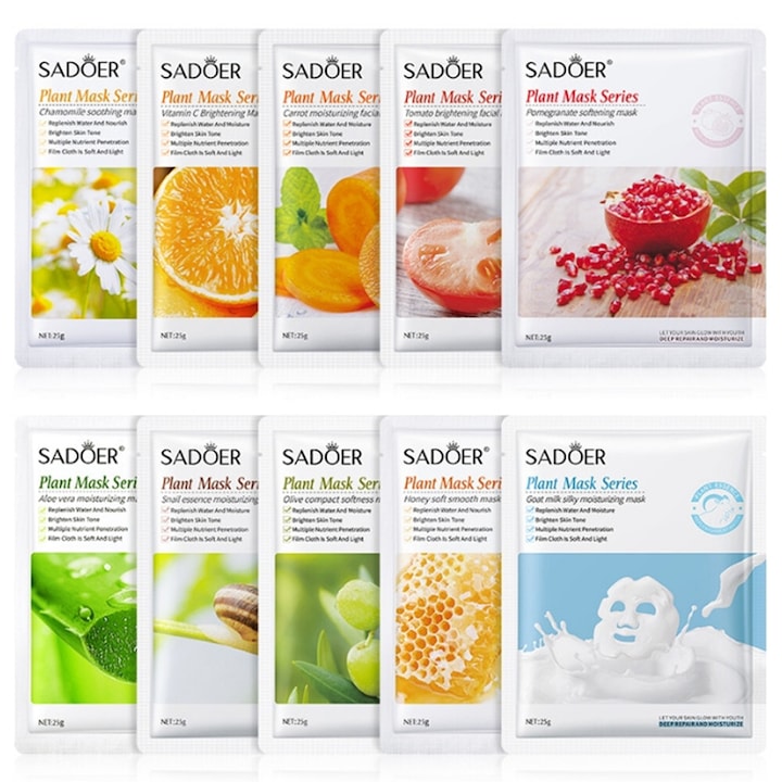 Set 10 Masti Faciale Naturale  Hidratante  Hidratante  Vitamina C si E  Fara Parabeni  Ingrediente Naturale  Musetel / Vitamina C / Morcov / Rosie / Rodie / Aloe Vera / Melc / Maslin / Miere / Lapte de capra