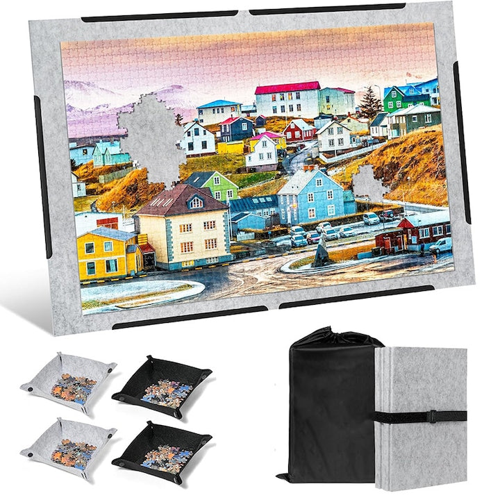 Walalla Foldable Puzzle Mat, anti-slip surface, with 4 sorting trays and 4 fastening straps, suitable for children/adults, portable puzzle table, 1500 piece puzzle capacity, 99 x 66 cm, grey