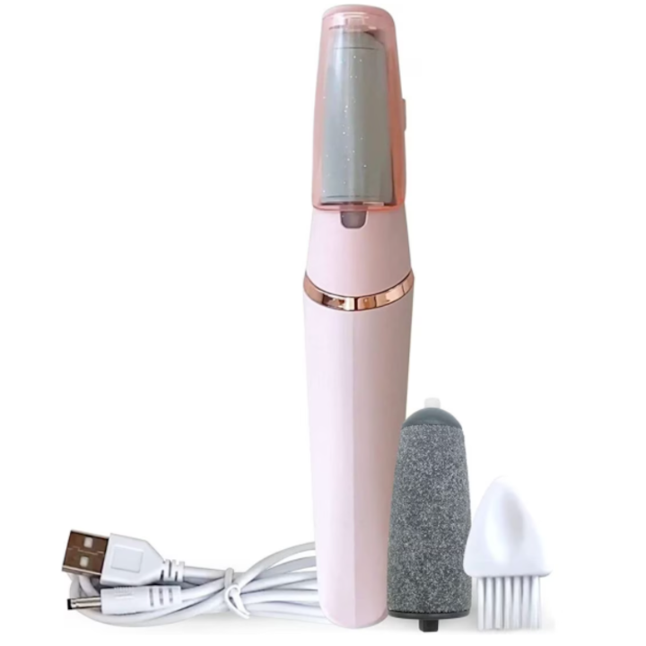 Pila electrica profesionala pentru exfoliere talpi si calcaie  reincarcabila  rezistenta la apa  2 viteze  acumulator  lumina LED  2 capete incluse  culoare roz  ATT®
