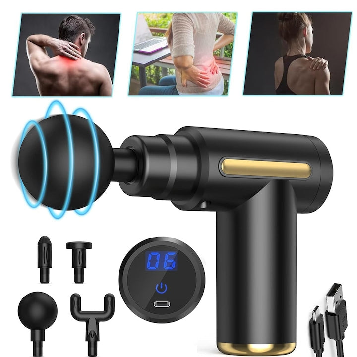 Pistol De Masaj Pentru Tesuturi Profunde  Aparat De Masaj Muscular Portabil Cu 6 Viteze Cu 4 Capete  Baterie De 2000mAh Si Incarcare Tip C  Silentios Pentru Antrenamente Acasa Si Birou  Calatorii