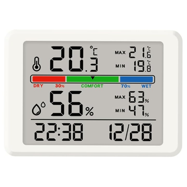 Termometru Digital si Higrometru Meteo  Omelivon  Portabil  Afisaj cu Ora Data  Lumina de Fundal  De Camera  Control Tactil  Indicator Comfort  Display Digitall LCD  Montare pe Perete/Magnetica/Suport  Gama Profesionala  Alb