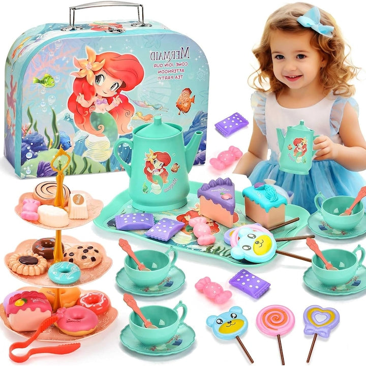 Set de joaca pentru petrecerea cu ceai in forma de sirena pentru copii mici cu varste cuprinse intre 3 si 8 ani  jucarie de bucatarie pentru printese cu valiza  ceainic  ceasca  farfurie  jucarie pentru desert si tava | Cadou pentru fetite