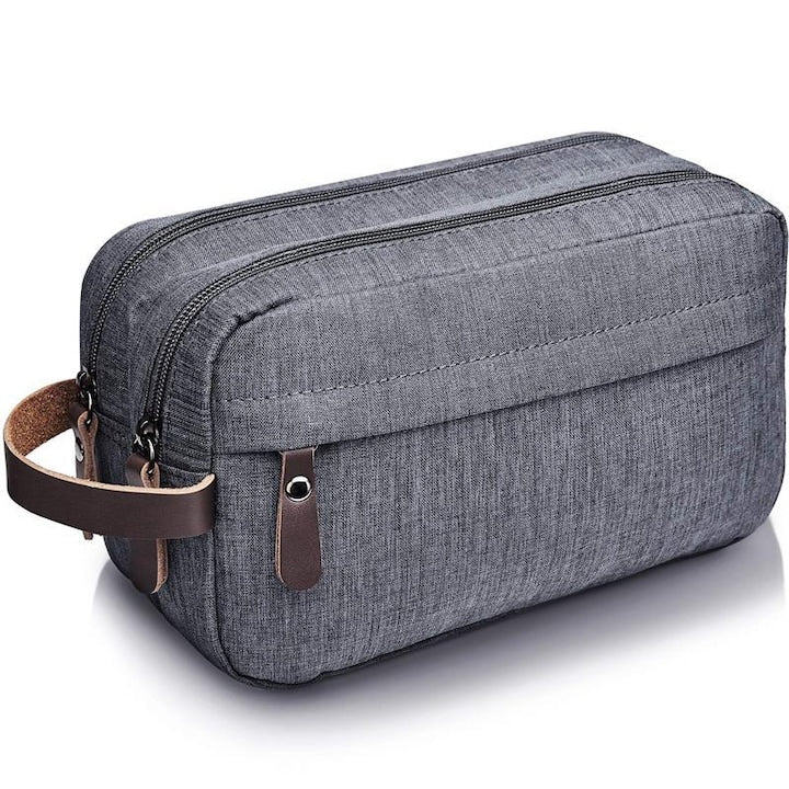 Double-compartment nylon cosmetic bag with mesh pockets and SBS zippers, water-resistant, grey, 25 x 15 x 9 cm