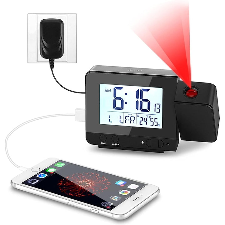 Projection alarm clock  Temperature display  with 180° rotating projector  5-minute snooze function  Projection ON/OFF  Electronic device charging via USB  Laser Time Projection Wall/Ceiling  Black