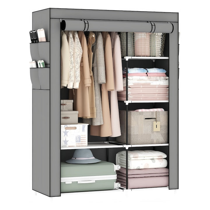 Dulap din material textil  Wacorresi  Dulap textil pliabil pentru imbracaminte cu suport metalic  Material netesut ingrosat  tub de otel 16MM  capacitate mare  complet rezistent la praf  105x45x168cm  gri
