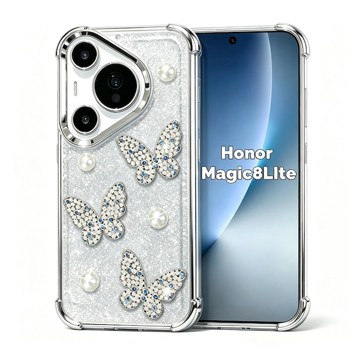 Husa pentru Honor Magic 8 Lite cu Perle si Fluturi  Colturi cu Airbag Ingrosate  Anti-soc  Transparent