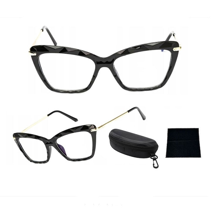 Ochelari PC  anti Lumina Albastra  Rame ochelari pisica  Metal  plastic  Cutie  Laveta ochelari  Elegant  simplu  la moda  Negru