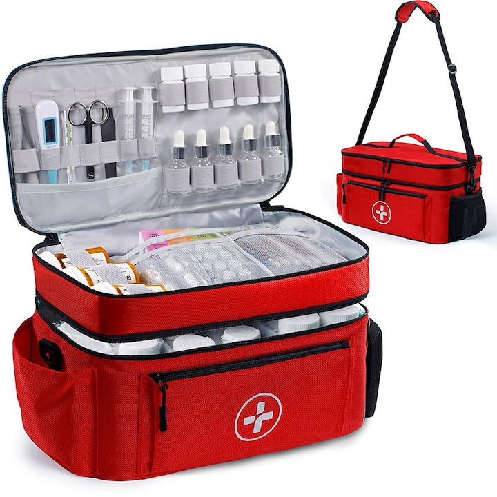 Omelivon First Aid Kit, Double Layer, Detachable Shoulder Strap, Independent Multi-Layer Spatial Design, Water and Moisture Resistant, 40x23x18cm, Red