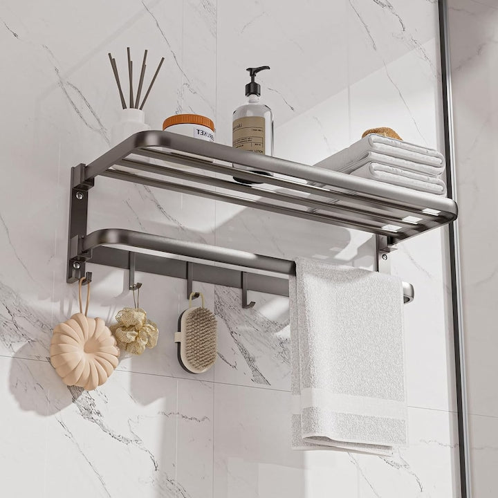 Suport de prosoape pliabil  SINBINTA  Suport prosoape baie  Cu ventuze si suport de blocare  Design pliabil la 90° pentru a economisi spatiu  Usor de instalat si de utilizat  Pentru baie  dormitor  piscina  Aluminiu  50 x 21 x 20cm  Gri