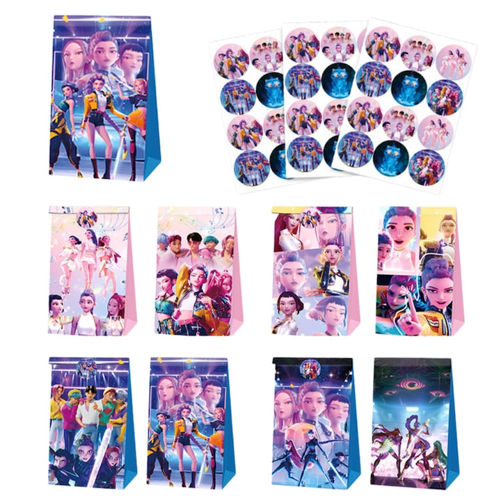 Set of 12 Fantasy Gift Bags Funko POP! Animation: K-pop Demon Hunter decor - Rumi, Mira, Zoey, 4 designs, Includes 12 assorted sealing stickers, Perfect for holding candy and cookies at themed parties or Children's Day