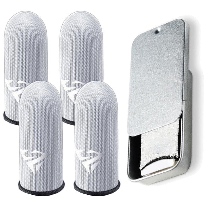 Finger sleeves, 4 pieces, instant response, 0.25 mm superconducting silver fiber, anti-sweat, anti-slip, breathable, for phone/tablet, PUBG/COD/LOL/ROS, with metal box, OUYLAF, Silver