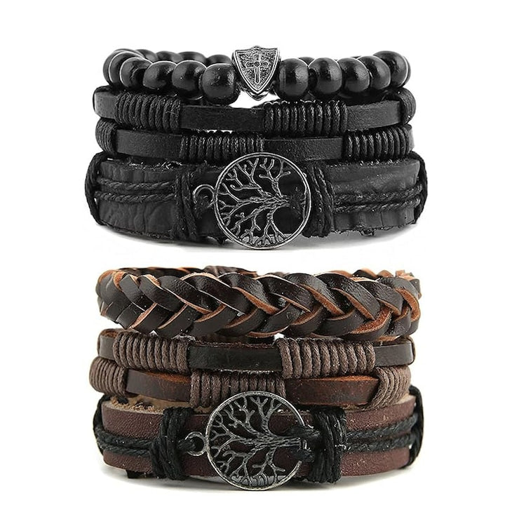 OEM - Set of 2 Men's Genuine Leather Bracelets - Tree of Life - Brown/Black