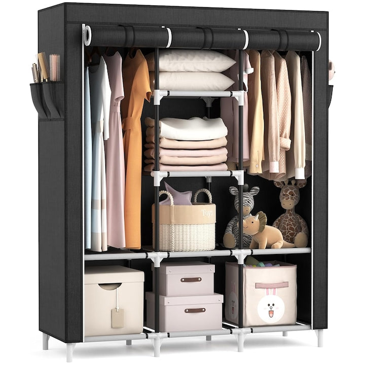 Dulap textil pliabil pentru imbracaminte cu suport metalic  Wacorresi  Dulap din material textil  8 rafturi  tub de otel 16MM  Material netesut ingrosat  capacitate mare  complet rezistent la praf  128x45x170cm  negru