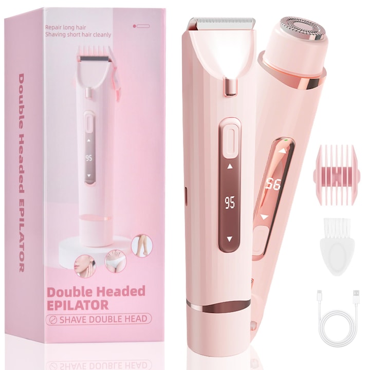 Electric Shaver Dual Head Body Hair Trimmer Shaver 2-in-1 for Full Body & Bikini - Women Men Wet Dry Waterproof USB Charging LED Light Groomer Dual Blade Design Pink