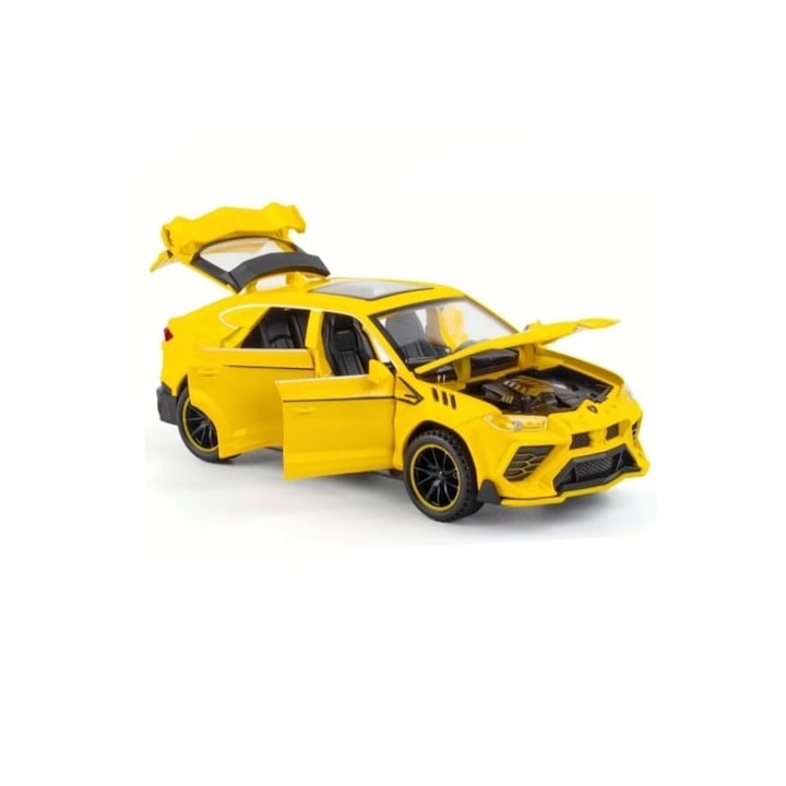 Metal Lamborghini Urus car with lights and sounds, opening doors, opening hood, opening trunk, Yellow, 15 cm