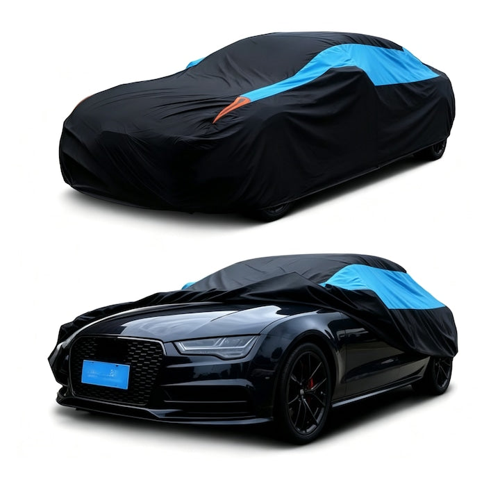 Wacorresi Premium Car Cover, Universal Waterproof Car Cover with Reflective Strips, Safety Warning, Adjustable Elastic Hem, Three Windproof Straps, Easy to Clean, For Sedan, 460x180x150cm, Black/Blue