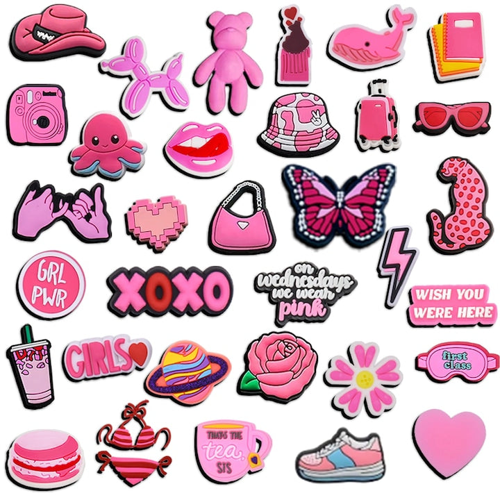 Set de 35 de accesorii pentru saboti Crocs  desene animate model  PVC  Roz