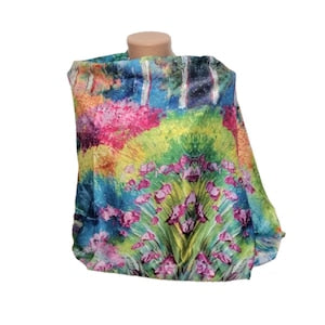 OEM - Women's Reversible Scarf/Shawl with Painting Print, Silk and Viscose, Floral, Blue Pink