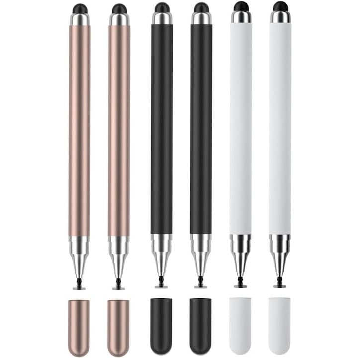 JENUOS 6-Piece Stylus Pen Set for Tablets and Phones 2-in-1 Black/White/Gold 5.2 inch
