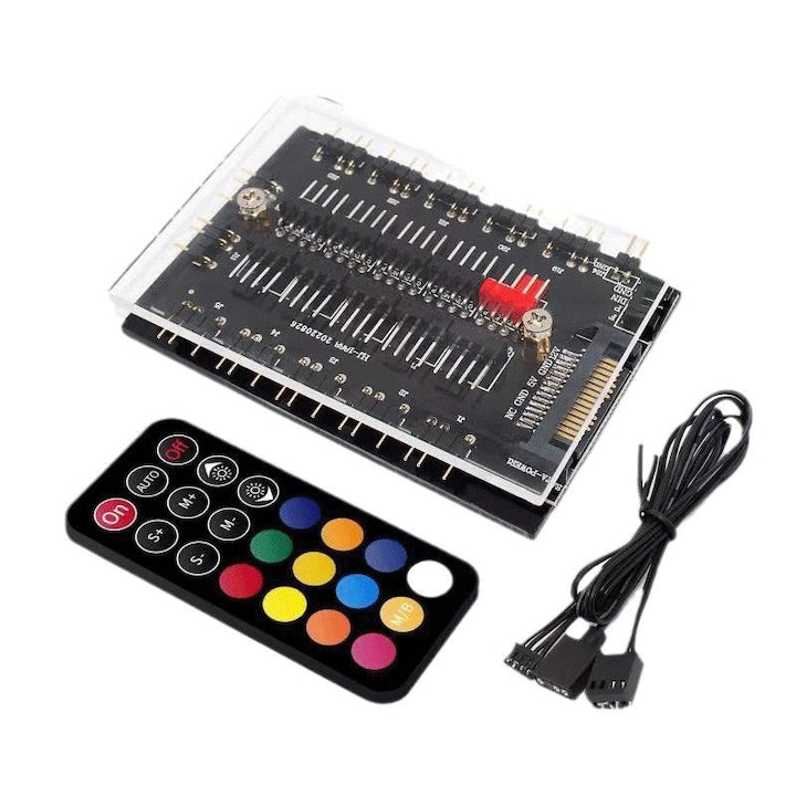 Hub controler ARGB  Hub PWM 10 pini  Montare magnetica  Telecomanda  5V  Cablu de conexiune ARGB  Negru