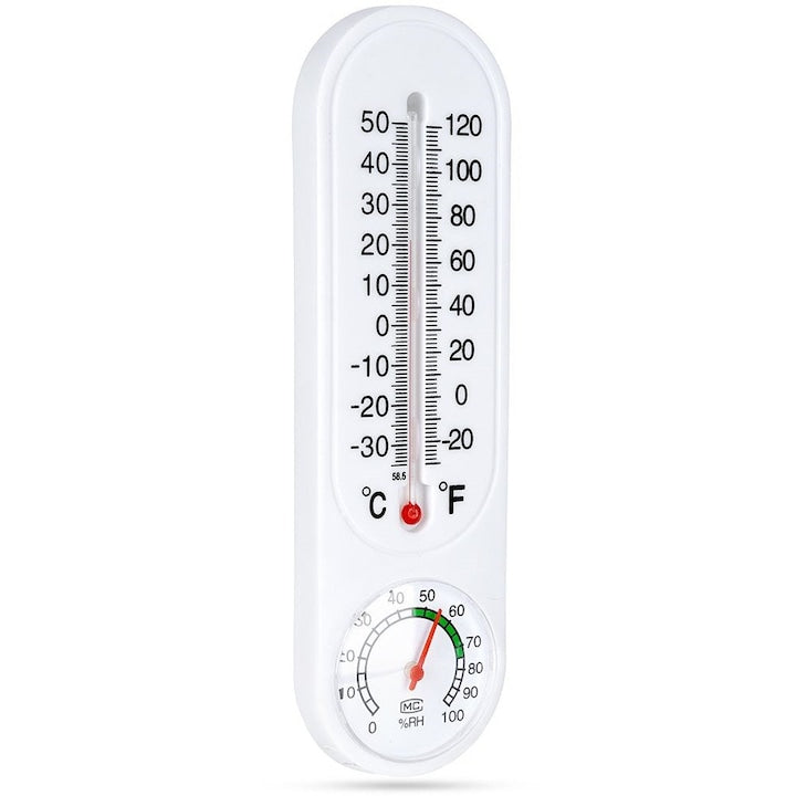 Termometru Cu Higrometru  Progarden  23x6.5x1.5 cm  Scala Clara De La -30°C La +50°C Si De La -20° La +120°F  Fabricat Din Plastic  Carlig Pentru Montare Usoara  Alb