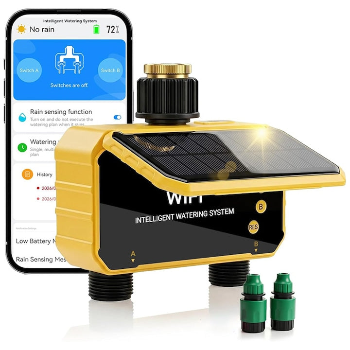 Smart Irrigation Water Timer, Duueyct, 2-Outlet, Manual or App Control, Solar, WiFi, Timer, Easy Installation, Water Saving, Compatible with Amazon Alexa/Google Assistant, For Garden, Lawn, Greenhouse, Yellow