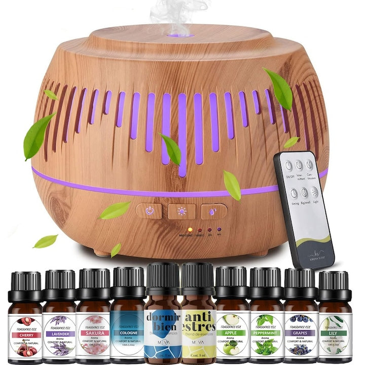 Professional Ultrasonic Humidifier Aroma Diffuser 500 ML Capacity Essential Oil Diffuser 7 Interchangeable Colors and Remote Control For Large Spaces Babies Office Hotel Oak