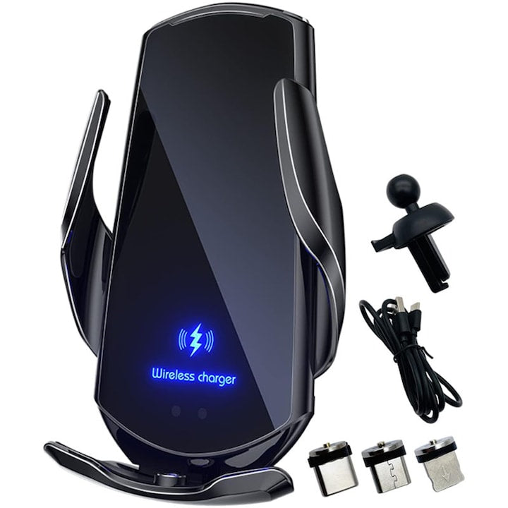 Suport Telefon Pentru Incarcare Fara Fir  Duueyct  Fast Charge Wireless Sau cu Mufe Adaptoare  Suports de Montare Pentrus Aerisirea Masinii  Smart Senzor Deschidere Brate  Suporta Majoritatea Telefoanelor  Rotativ 360°  15w  Negru