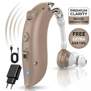 USB Rechargeable Digital Hearing Aid and Sound Amplifier, 80h Battery Life, Smart Chip with Dual Noise Reduction, 4 Usage Modes, Adjustable Volume, 360° Rotatable BTE Design, for Mild Hearing Loss, 4 Silicone Eartips, Case Included, Cream