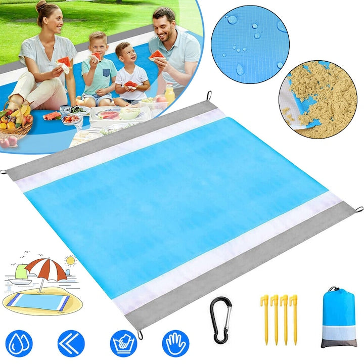 CHOOLY Waterproof Beach Blanket 220x200cm with 4 Stakes for 4-6 Adults, Compact Design for Camping and Picnic