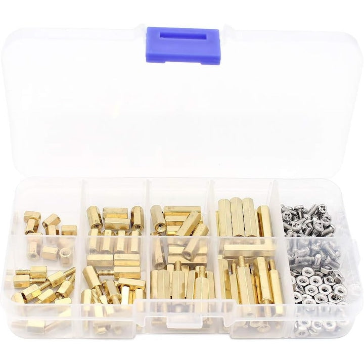 Set of 200 M2.5 Brass Spacers with Stainless Steel Screws and Nuts, Storage Box
