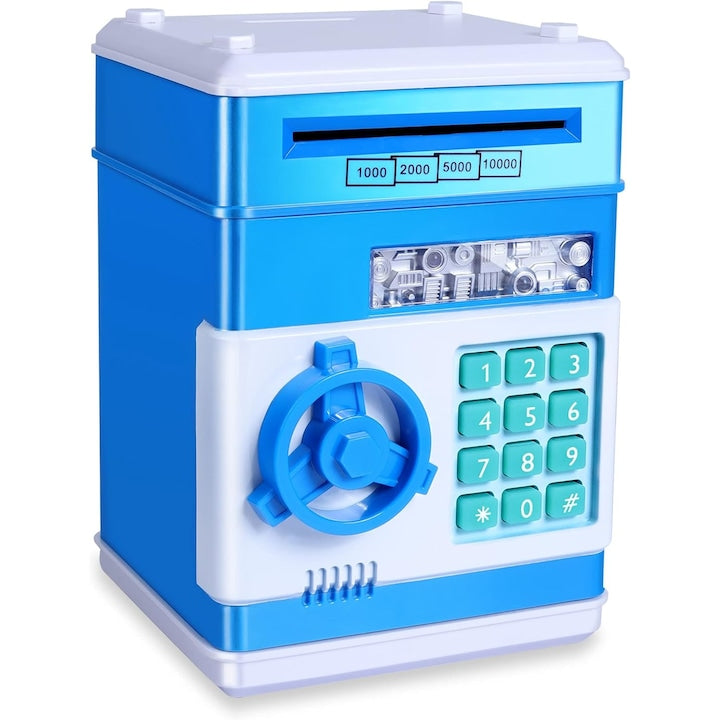 Interactive Piggy Bank for Kids, ATM Type, Automatic Banknote Rolling, ABS, Blue