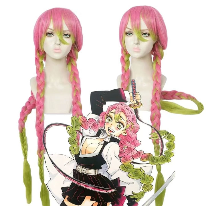 Peruca cosplay Mitsuri Kanroji  roz verde  impletituri duble  marime reglabila
