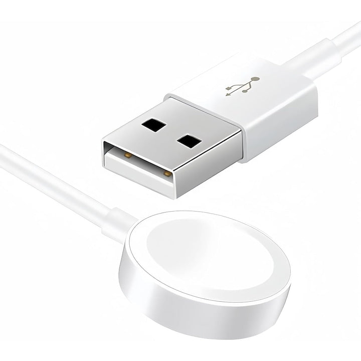 Incarcator magnetic wireless pentru ceas Apple Watch  Cablu de incarcare tip USB  Incarcare rapida  compatibil IWatch Series 1/2/3/4/5/6/7/8/SE/Nike+/Ultra  38-44 mm  1m  Alb
