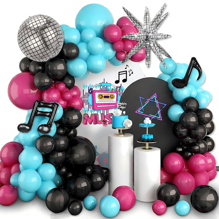 Set Arcada Baloane Petrecere Disco Retro 95 Piese - Disco Ball Argintiu  Note Muzicale  Stea Explosie + Baloane Negru Roz Albastru