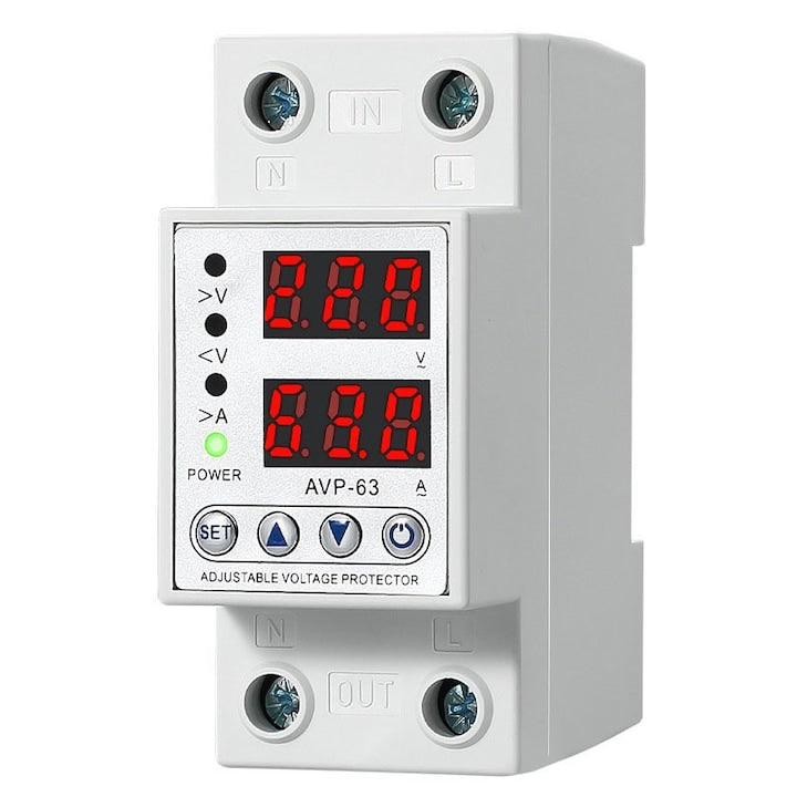 Releu monofazic reglabil  Rqiurpn  afisaj dublu LED  63A  protectie supratensiune si suprasarcina  montare pe clema  Alb