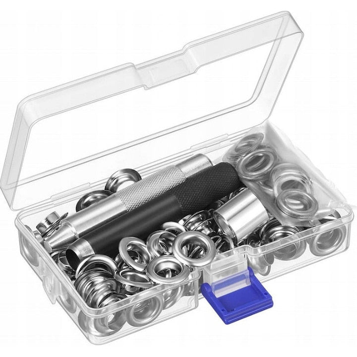 Set 100 ochiuri 12 mm  accesorii corturi  argintiu  17 5x9 8x2 4 cm