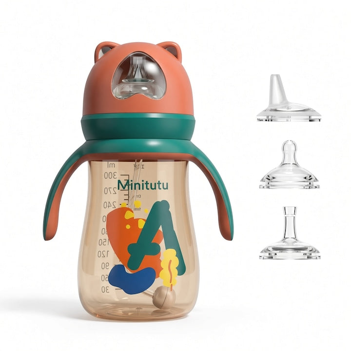 3-in-1 Baby Bottle 300 ml 6 Months+ Wide Neck Easy to Clean Set with 3 Silicone Teats BPA-Free Anti-Leak Red and Green