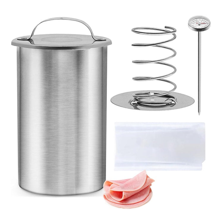 Ham Press Maker Rqiurpn 1.5 liters, Complete Set with Thermometer and 20 Cooking Bags, 1-1.2 kg Meat, Silver