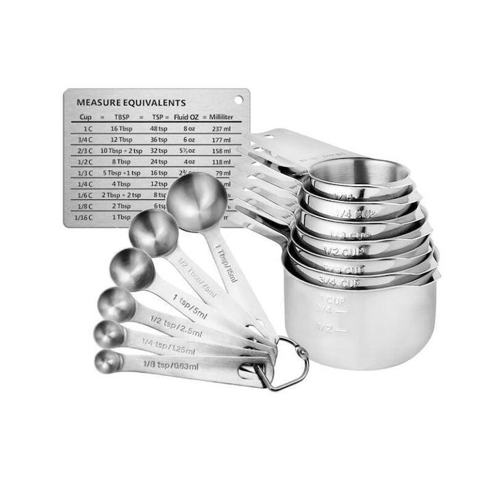 Set ustensile de masurat pentru bucatarie  7 cupe de masurat  6 linguri de masurat  inox  argintiu