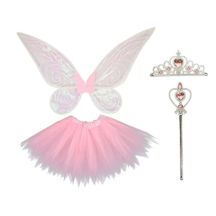 Set costum zana cu aripi  bagheta magica  coroana si fusta  roz  60x48cm
