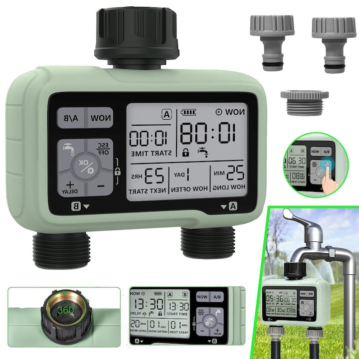 Sprinkler Timer Garden Hose Water Timer 2-Outlet Faucet Programmable Controller for Irrigation System with Child Lock Mode Automatic and Manual Mode