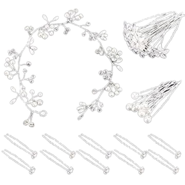 JENUOS - Accesoriu de par pentru Tiara de mireasa cu flori albe  Rafinata si eleganta  cravata de par nu se desprinde usor  Argintiu / Alb