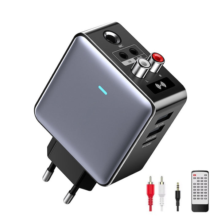 Adaptor Bluetooth Multifunctional 4 in 1  Bluetooth 5.3 Transmitator si Receptor  Telecomanda  TF Card/USB/AUX Jack 3.5 mm pentru Casti  Functie de Incarcare Rapida DC2.1A  Suport microfon  20 de metri de comanda la distanta  OUYLAF  Gri