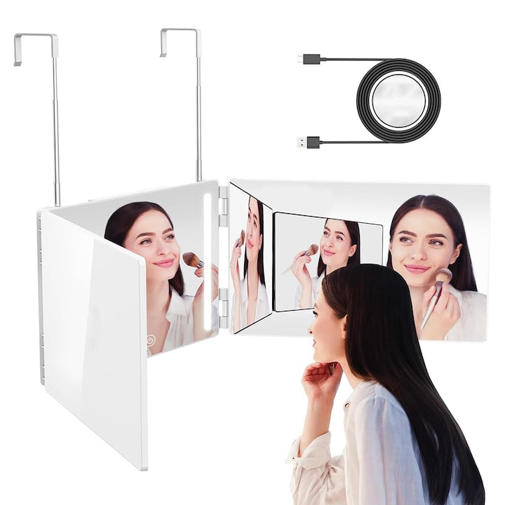 Oglinda 360°  Oglinda Cosmetica Portabila  Sistem Agatare  Pliabila  Oglinda Auto-Taiere 360°  cu Lumini LED Reglabile  Inaltime Reglabila  Potrivit Pentru Coafare  Barbierit  Ingrijire  Colorare si Machiaj  ABS  Alb