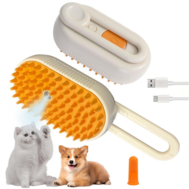 Perie cu abur pentru animale de companie  SINBINTA  3 In 1  Cu 1 perii pentru degete si cablu USB  Dozator Incorporat  Peri din silicon moi  Usor de utilizat  Design ergonomic  Pentru masaj  Indeparteaza Parul  Curatare  ABS  19.5×6.5×4.5cm  Crem