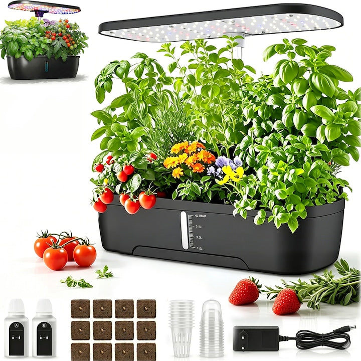 Sistem de Cultivare Hidroponic  SANSES  12 Spatii  Rezervor 4L  Gradina Interioara  Crestere Inteligenta  Lampa Solara Reglabila Inclusa  Negru