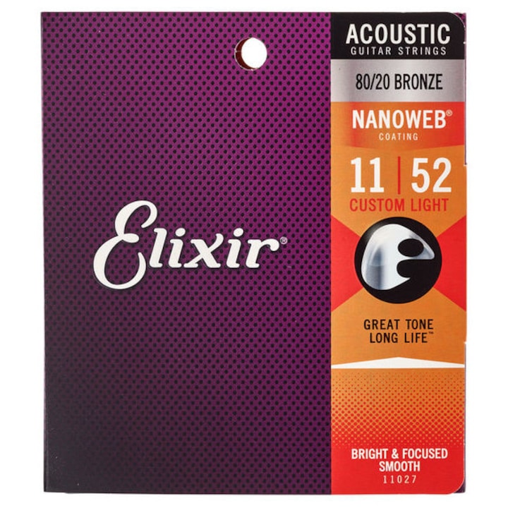 Set 6 Corzi  Elixir  Pentru Chitara Acustica  Grosime 11-52 Custum Light  Nanoweb  Bronze