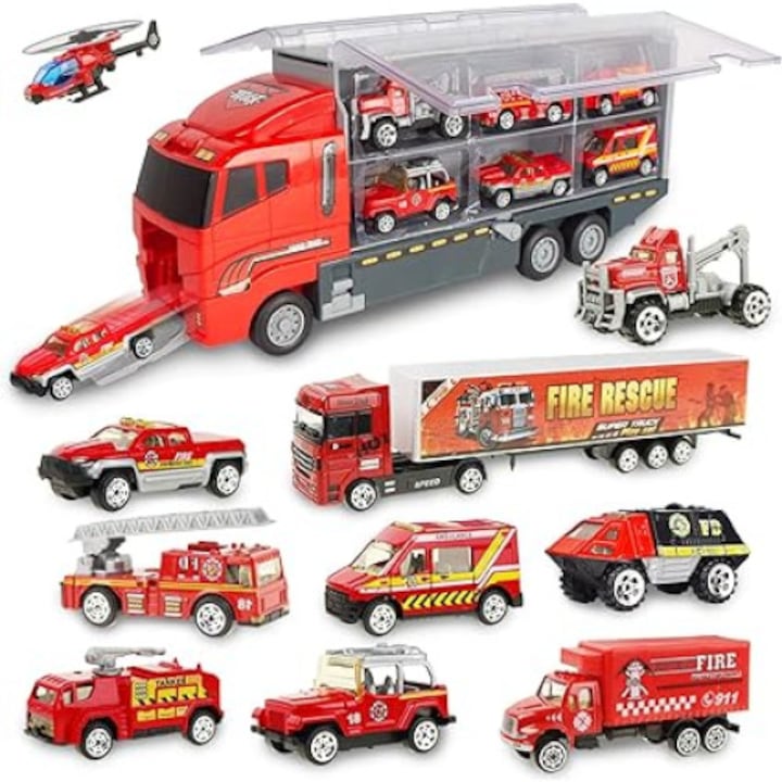 Set camion trailer de jucarie pentru transport  seria pompieri  masinute tip ambulanta  jeep  utilaj cu scara  tir  elicopter  pickup  platforma tractare  Rosu